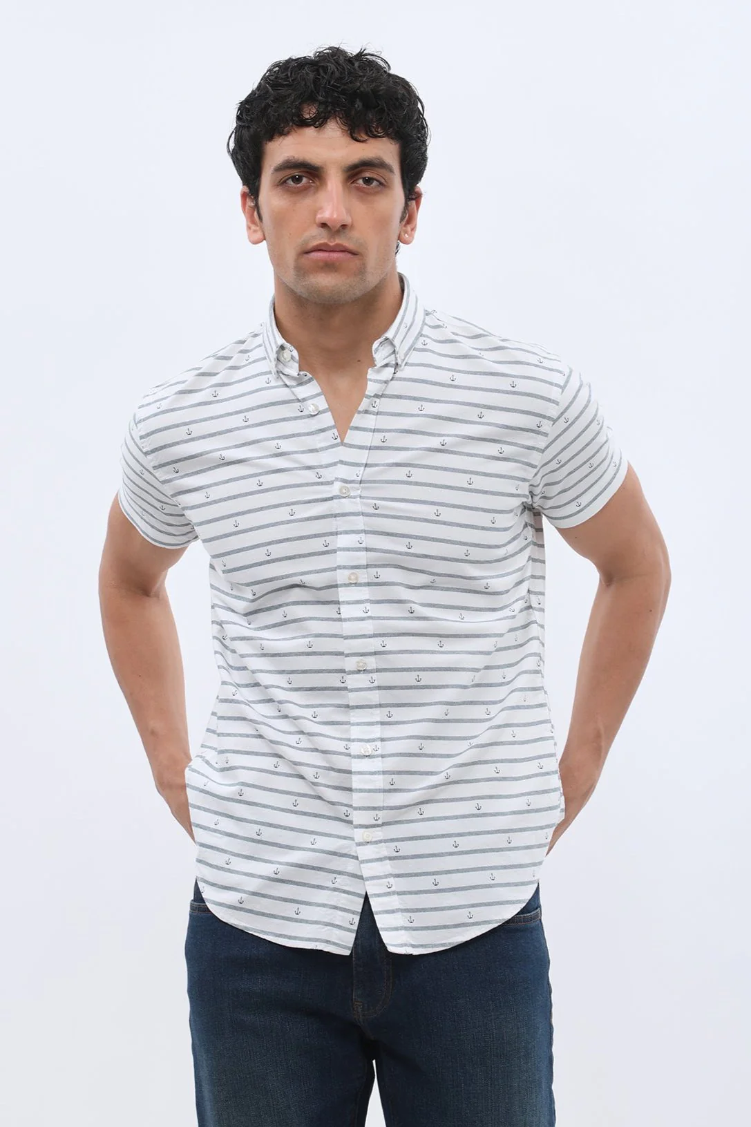 قميص مخطط بأكمام قصيرة وقبة بأزرار من SHIRTSPRO - لون ازرق - Image 2