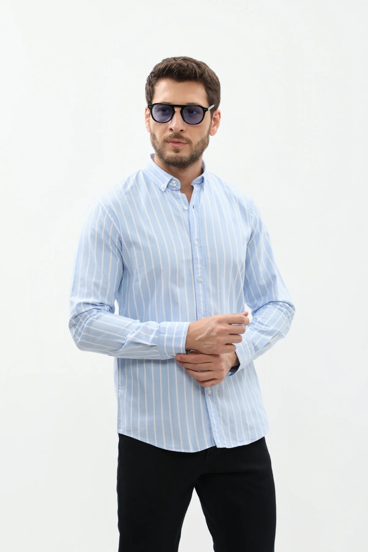قميص مخطط بقبة بأزرار من SHIRTSPRO - لون أزرق - Image 3