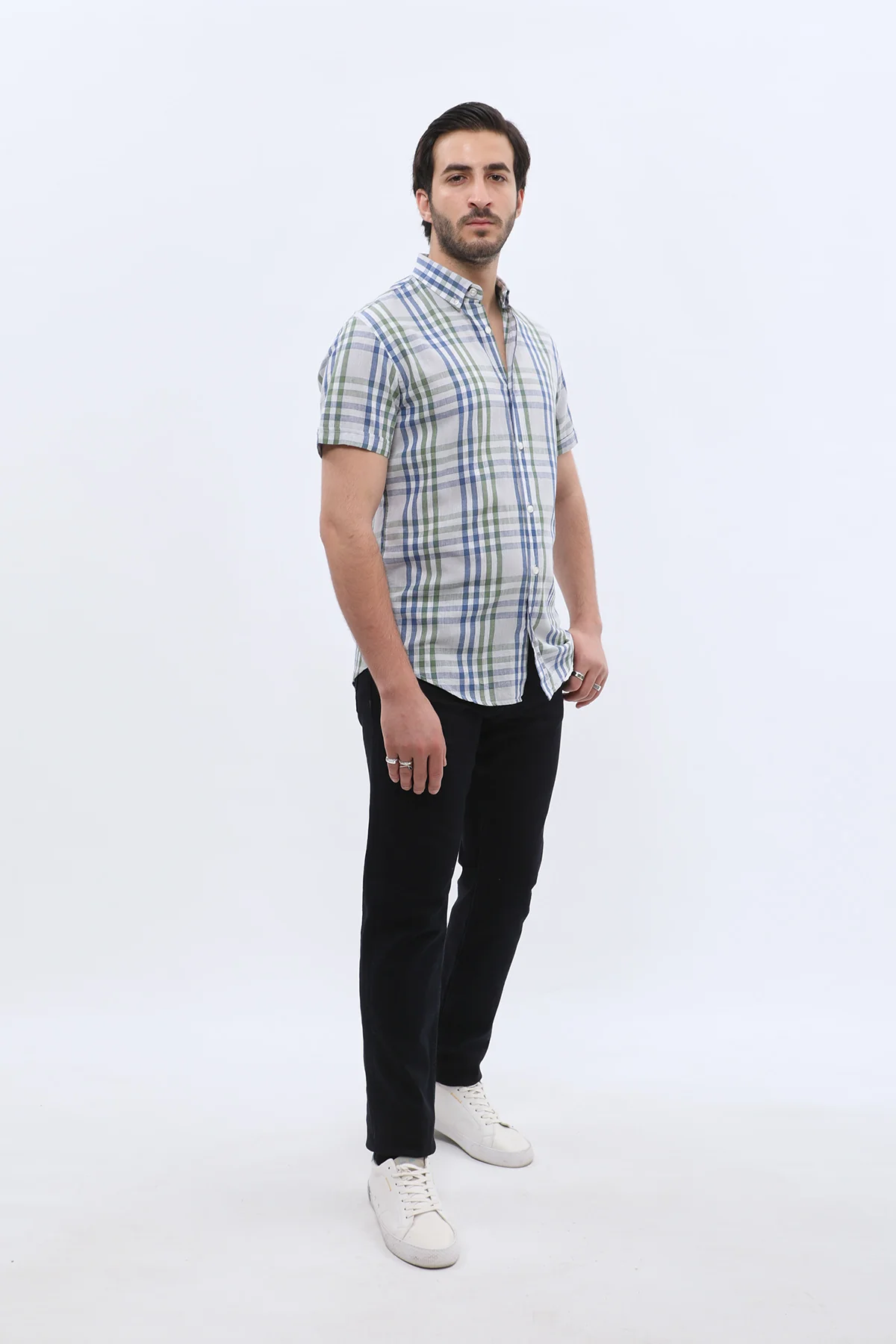 قميص كاروهات بأكمام قصيرة وقبة بأزرار من SHIRTSPRO - لون أخضر - Image 3