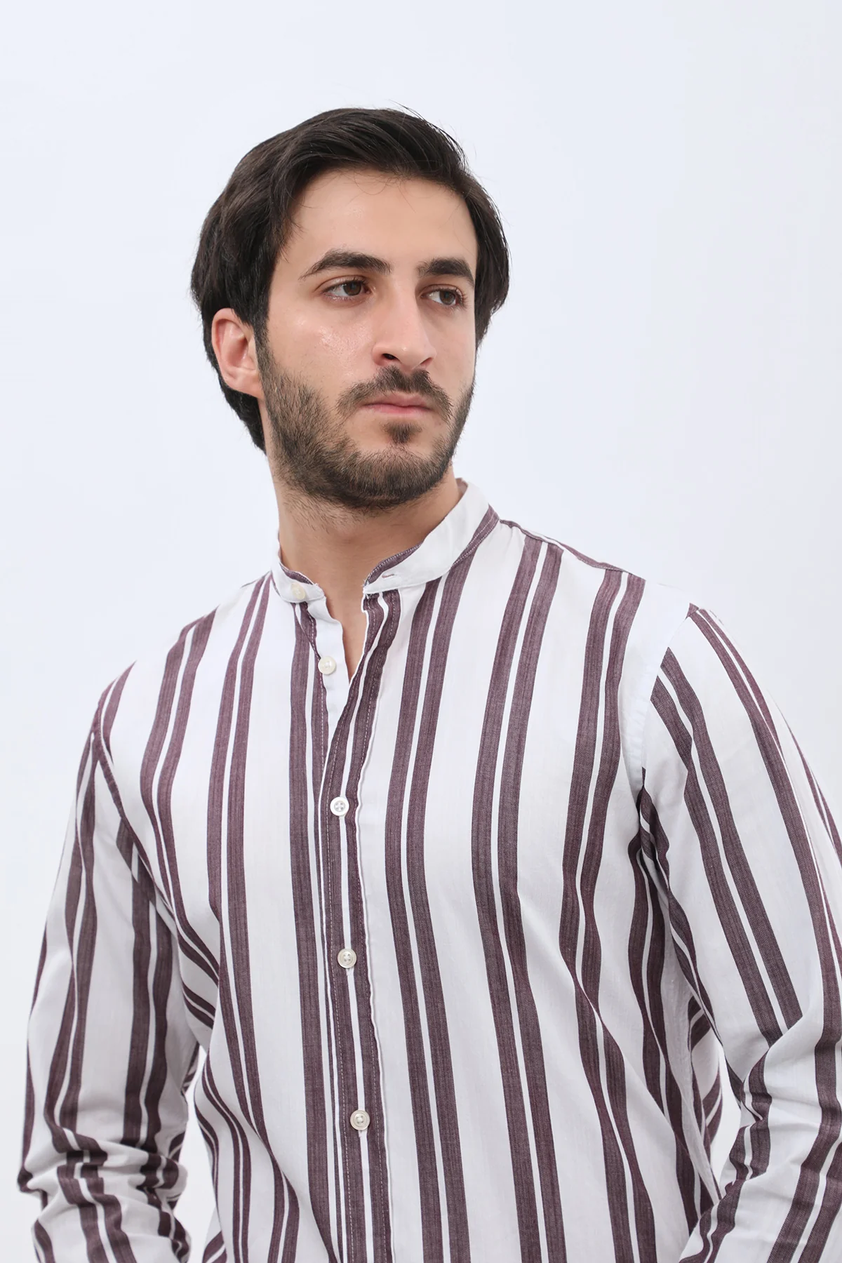 قميص أكسفورد مخطط بقبة ماندارين من SHIRTSPRO - لون أرجواني - Image 2