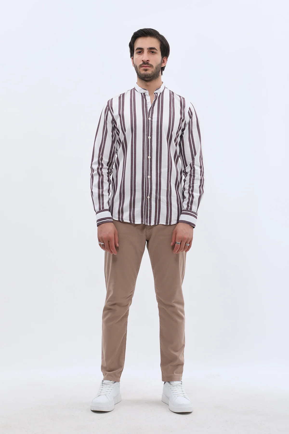 قميص أكسفورد مخطط بقبة ماندارين من SHIRTSPRO - لون أرجواني - Image 3