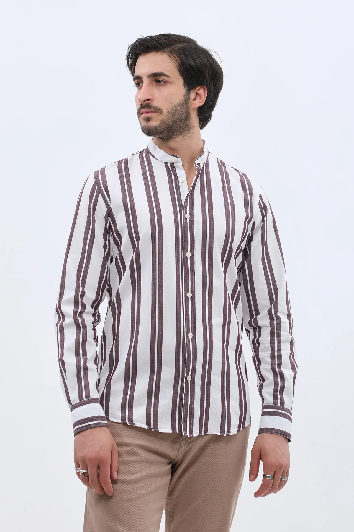 قميص أكسفورد مخطط بقبة ماندارين من SHIRTSPRO - لون أرجواني - Image 4
