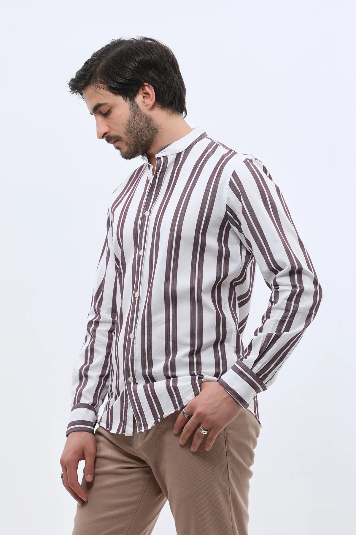 قميص أكسفورد مخطط بقبة ماندارين من SHIRTSPRO - لون أرجواني - Image 6