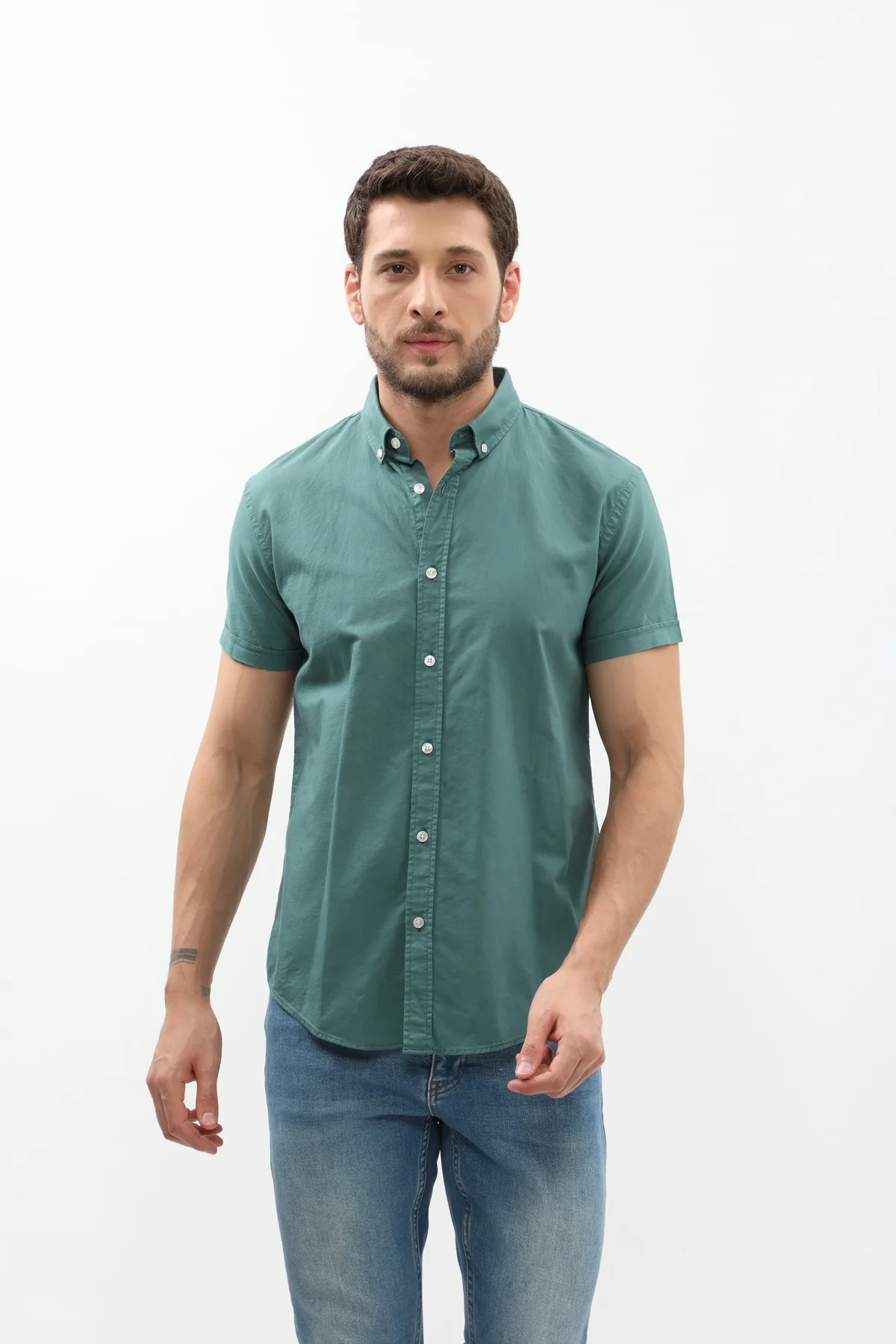 قميص أكسفورد بأكمام قصيرة وقبة بأزرار من SHIRTSPRO - لون أخضر عتيق - Image 2