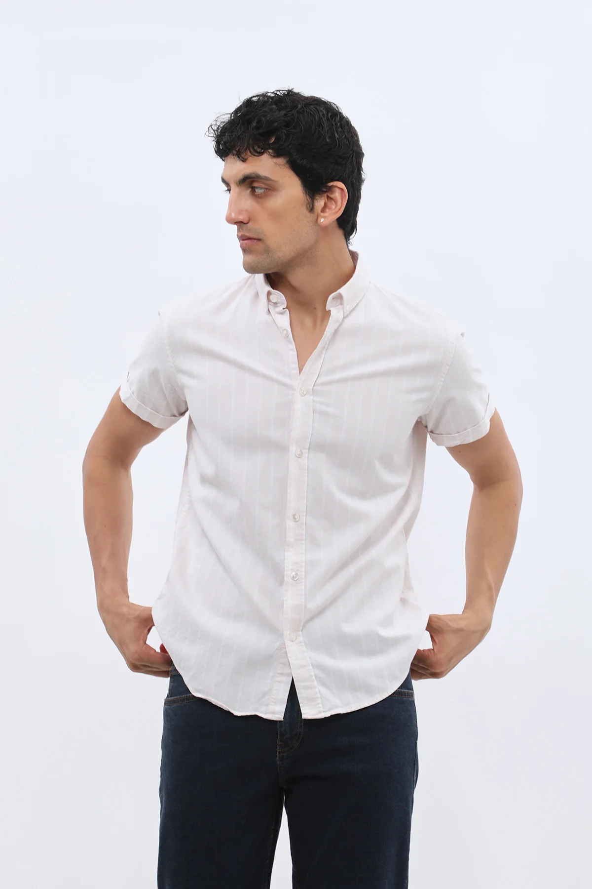 قميص أوكسفورد مخطط بأكمام قصيرة وقبة بأزرار من SHIRTSPRO - لون بيج - Image 5