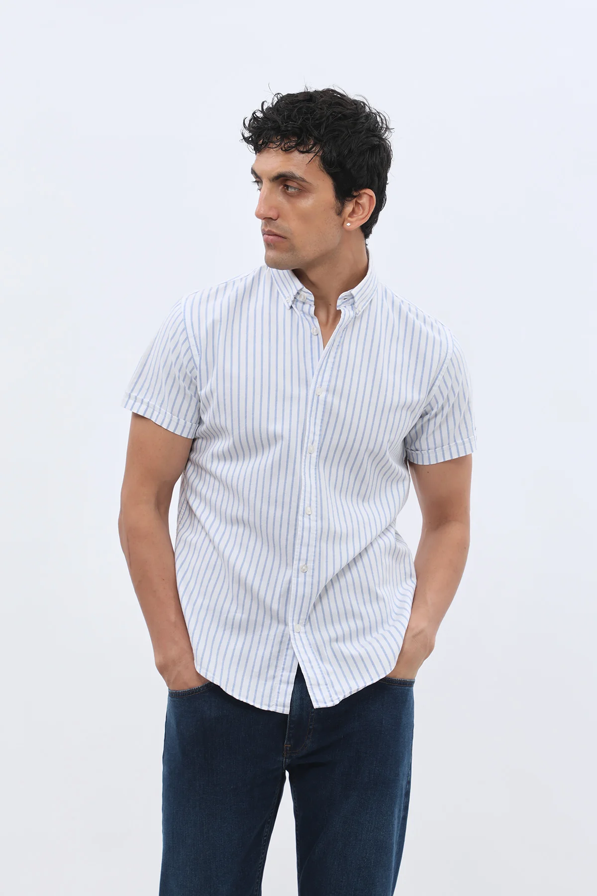 قميص أوكسفورد مخطط بأكمام قصيرة وقبة بأزرار من SHIRTSPRO - لون أزرق - Image 4
