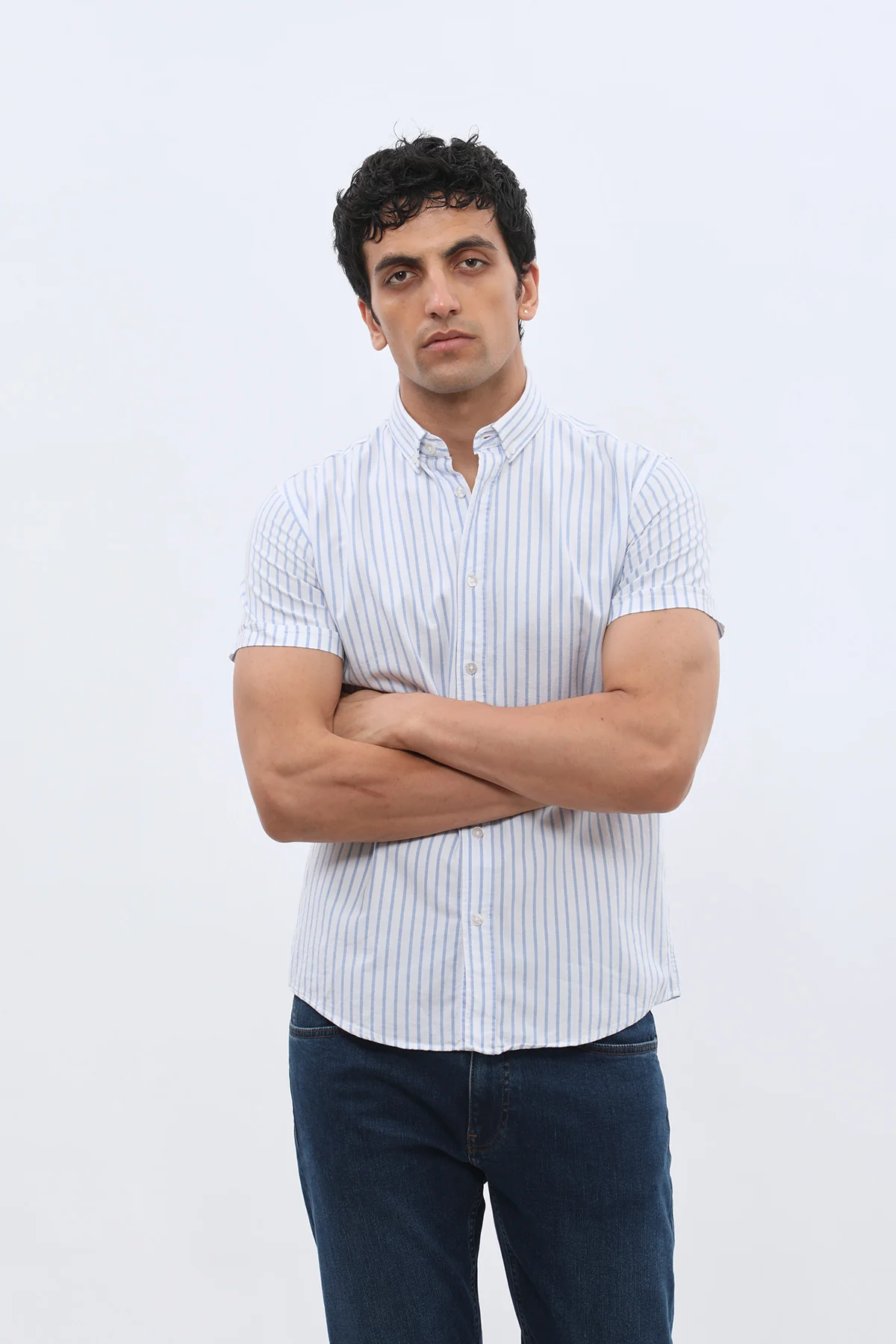 قميص أوكسفورد مخطط بأكمام قصيرة وقبة بأزرار من SHIRTSPRO - لون أزرق - Image 5