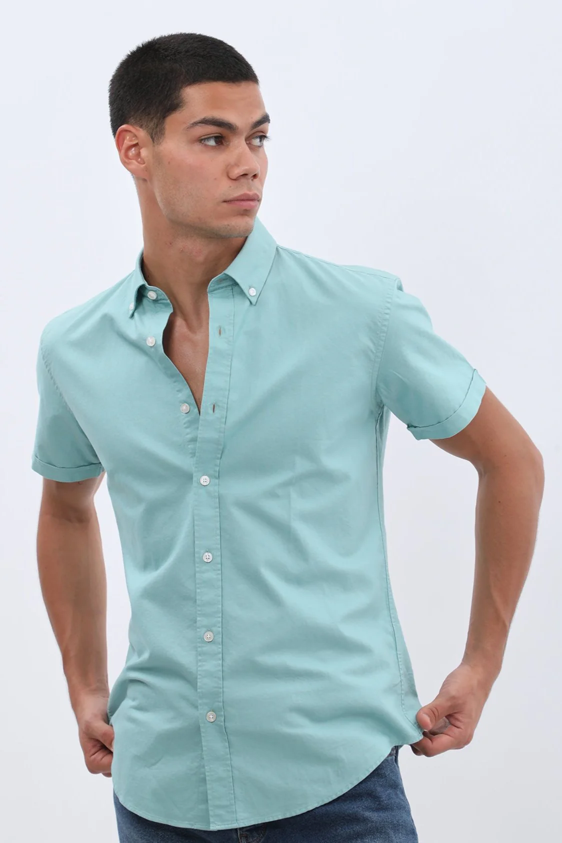 قميص أكسفورد مخطط بأكمام قصيرة وقبة بأزرار من SHIRTSPRO - لون أزرق باهت - Image 2