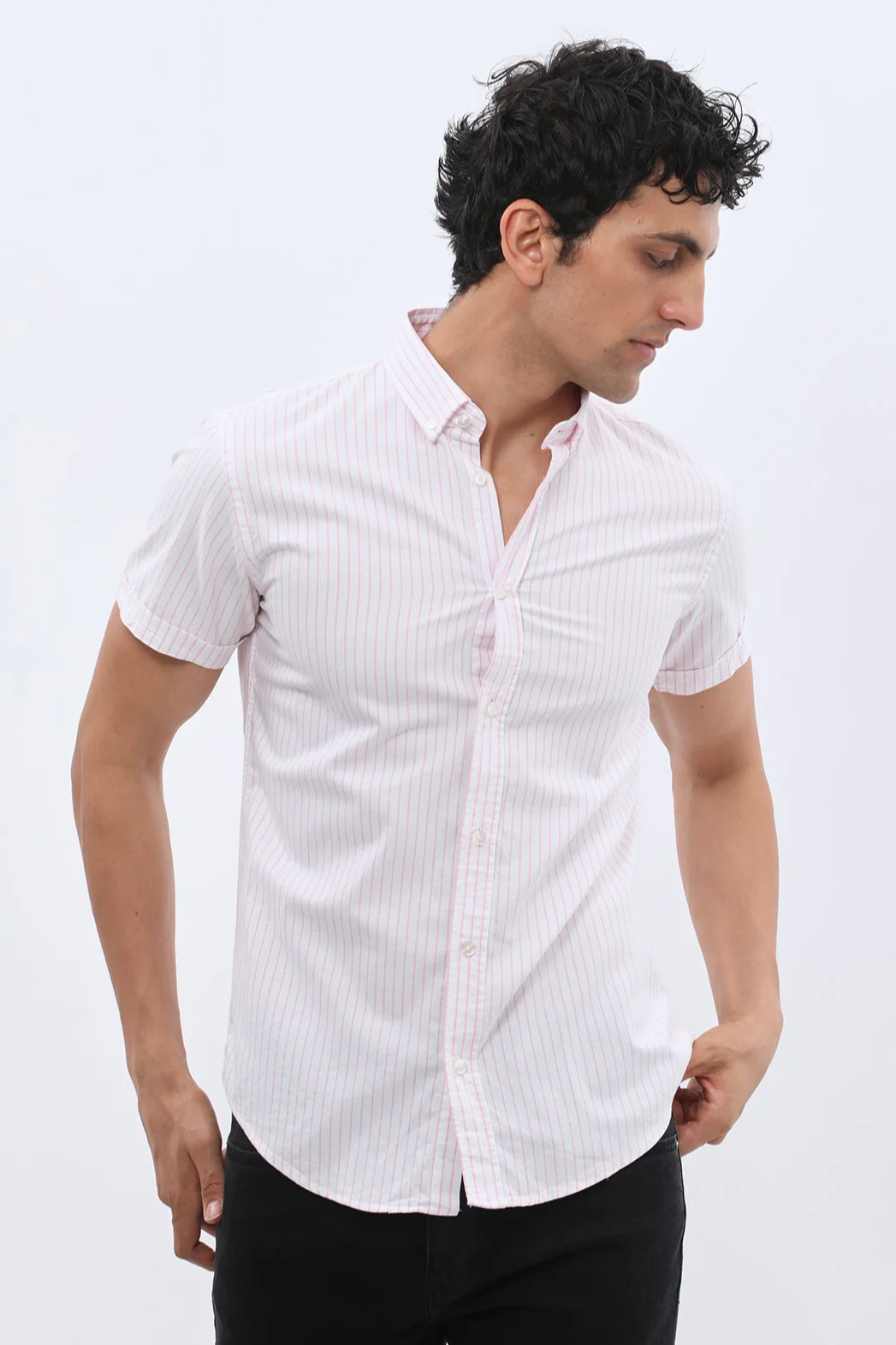 قميص أوكسفورد مخطط بأكمام قصيرة وقبة بأزرار من SHIRTSPRO - لون وردي
 - Image 4