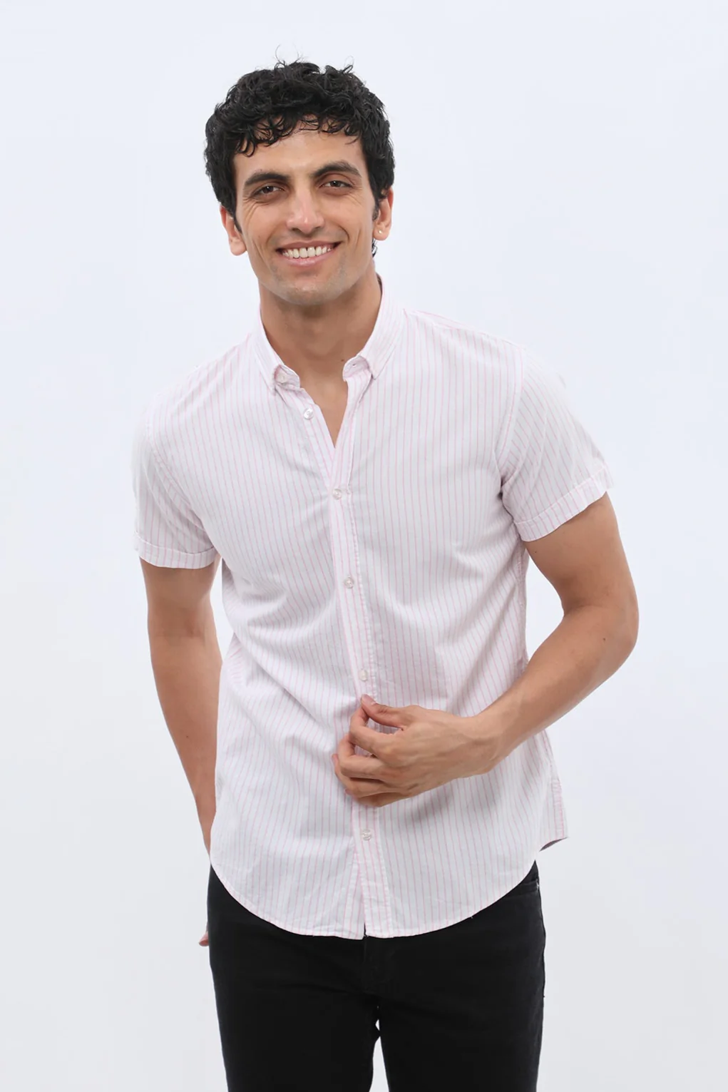 قميص أوكسفورد مخطط بأكمام قصيرة وقبة بأزرار من SHIRTSPRO - لون وردي
 - Image 5
