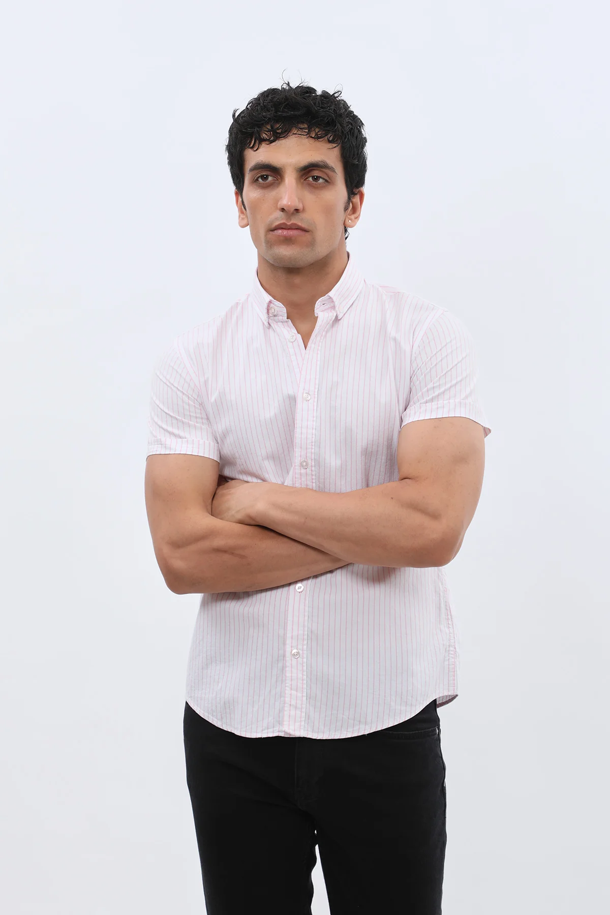 قميص أوكسفورد مخطط بأكمام قصيرة وقبة بأزرار من SHIRTSPRO - لون وردي
 - Image 6