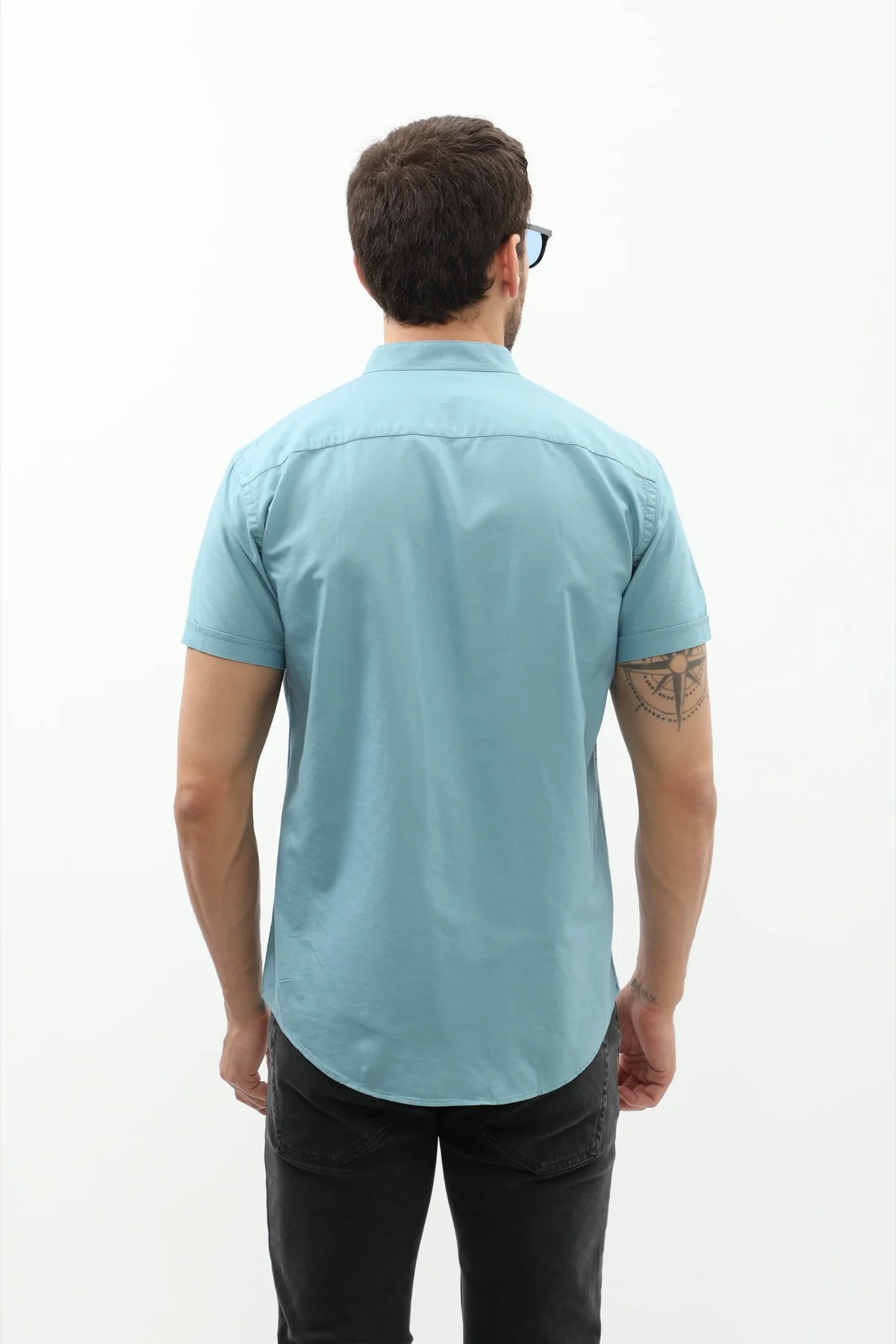 قميص أكسفورد بأكمام قصيرة وقبة ماندارين من SHIRTSPRO - لون أزرق بحري  - Image 5