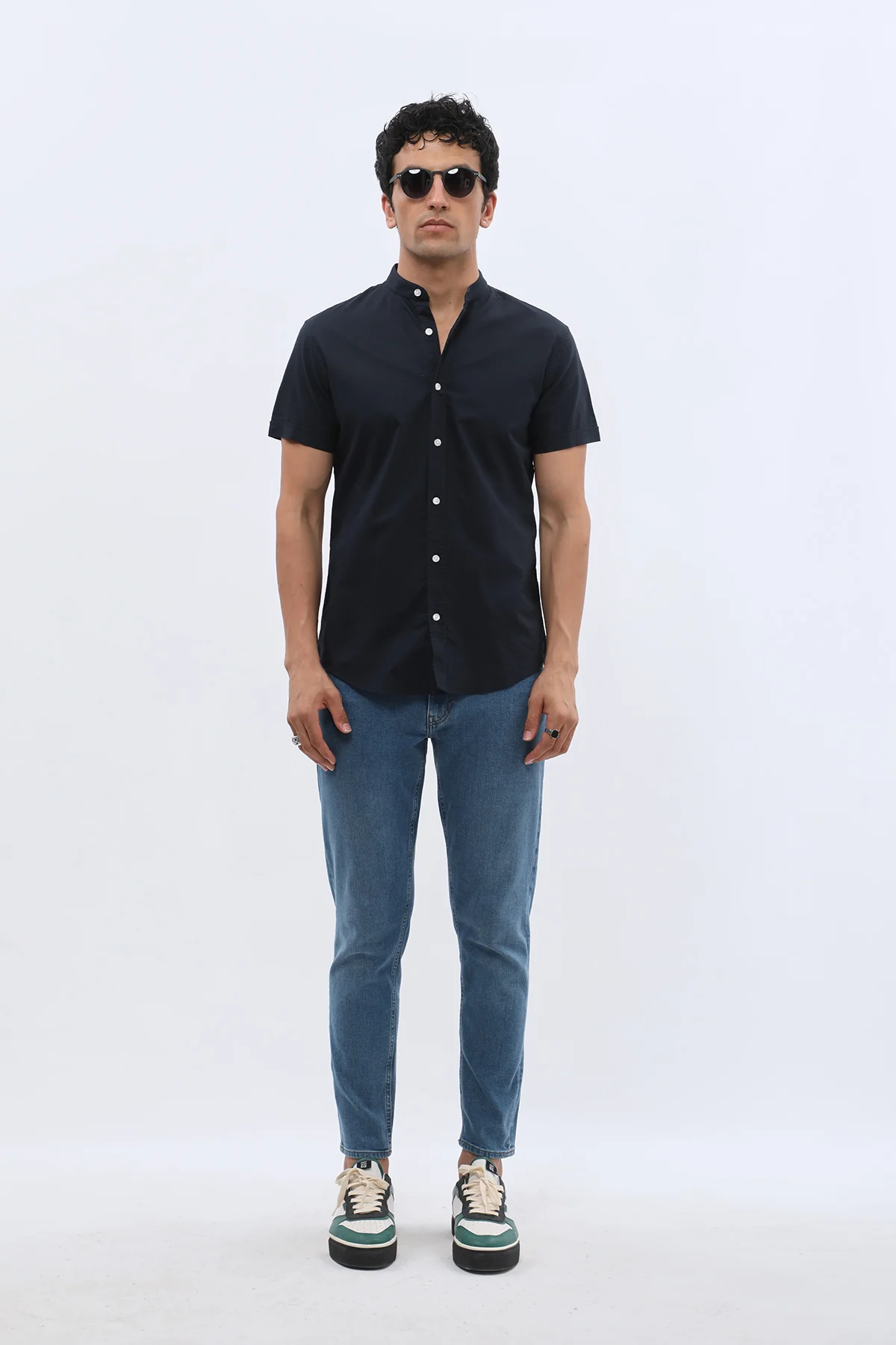 قميص أكسفورد بأكمام قصيرة وقبة ماندارين من SHIRTSPRO - لون كحلي - Image 3