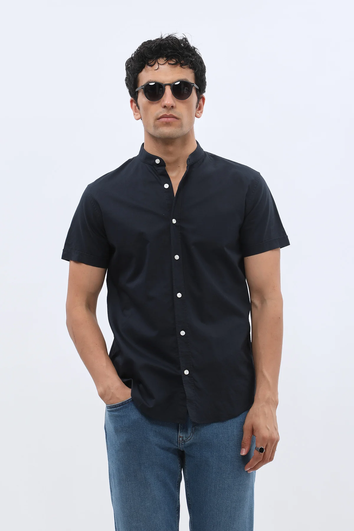 قميص أكسفورد بأكمام قصيرة وقبة ماندارين من SHIRTSPRO - لون كحلي - Image 4