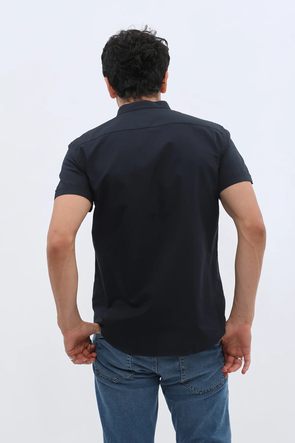 قميص أكسفورد بأكمام قصيرة وقبة ماندارين من SHIRTSPRO - لون كحلي - Image 5