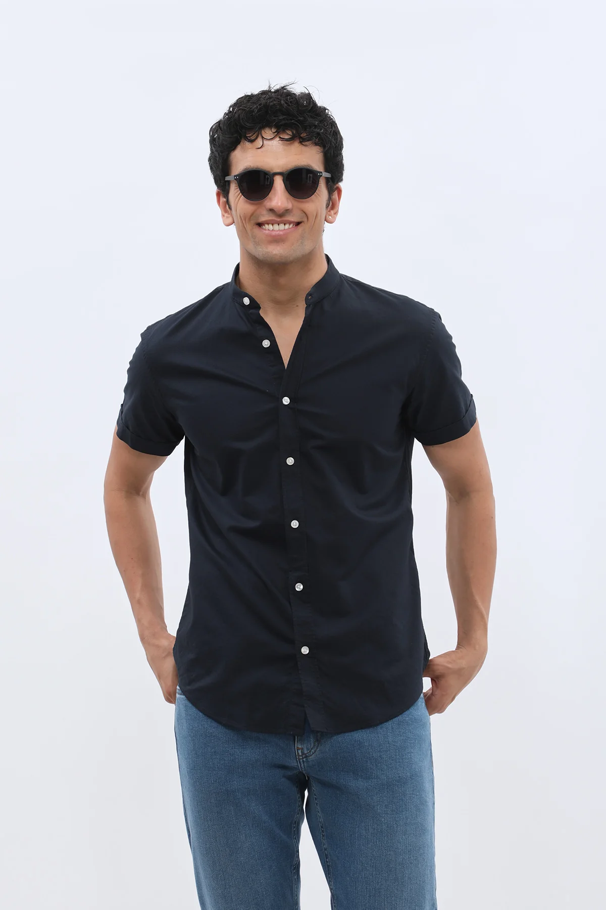 قميص أكسفورد بأكمام قصيرة وقبة ماندارين من SHIRTSPRO - لون كحلي - Image 6