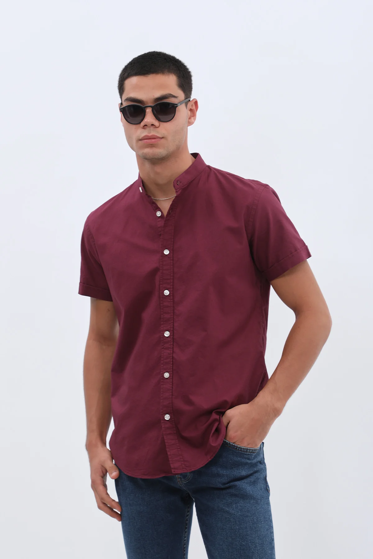 قميص أكسفورد بأكمام قصيرة وقبة ماندارين من SHIRTSPRO - لون أرجواني - Image 5