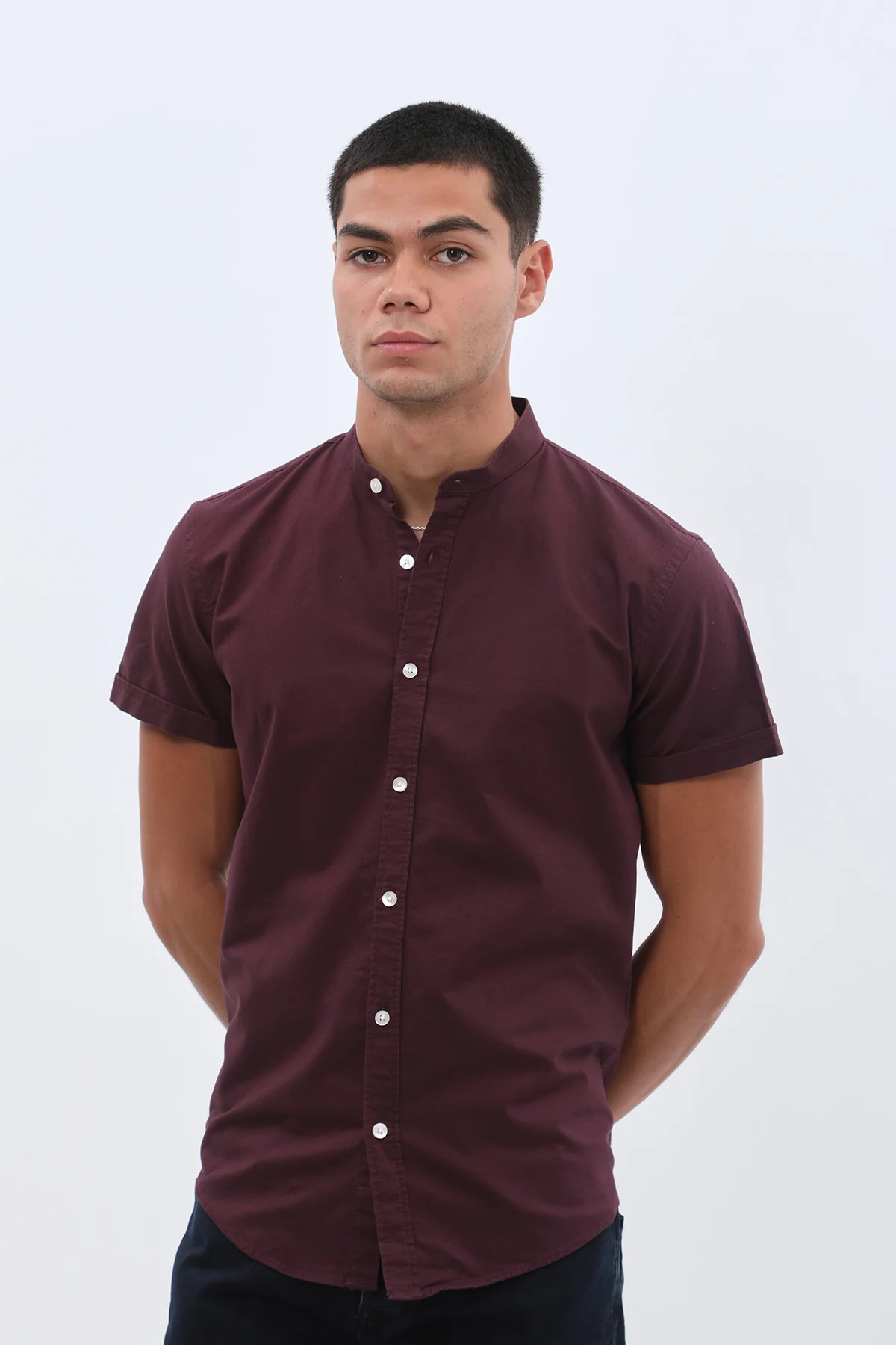 قميص أكسفورد بأكمام قصيرة وقبة ماندارين من SHIRTSPRO - لون بنفسجي - Image 3