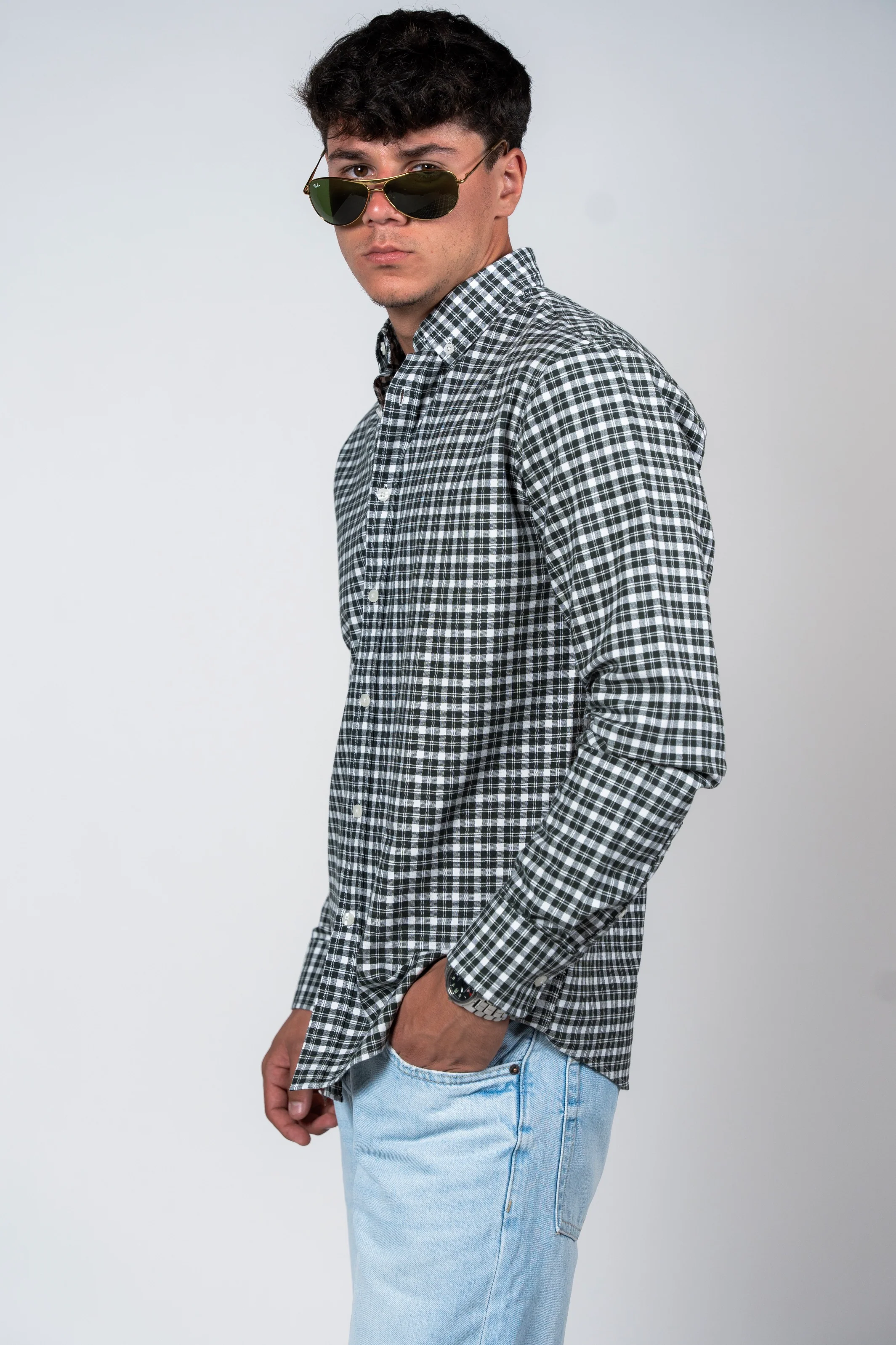 قميص كاروهات بقبة بازرار من SHIRTSPRO - لون زيتي داكن - Image 3